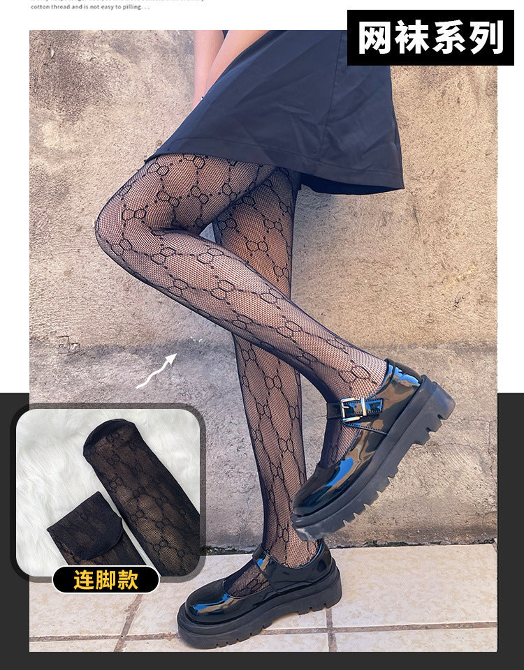 Autumn Winter Letter Fleece-Lined Stockings Bare Leg Artifact Fishnet Black Fishnet Stockings Thickened Base Stockings Fake Sheer Pantyhose