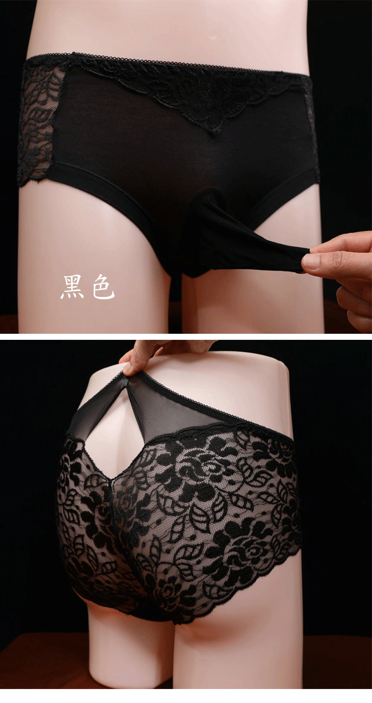 Men's Lace Underwear Sexy Strap jj Set of Stockings and Panties Ultra-thin Breathable Summer Fully Transparent Sexy Triangle Panties