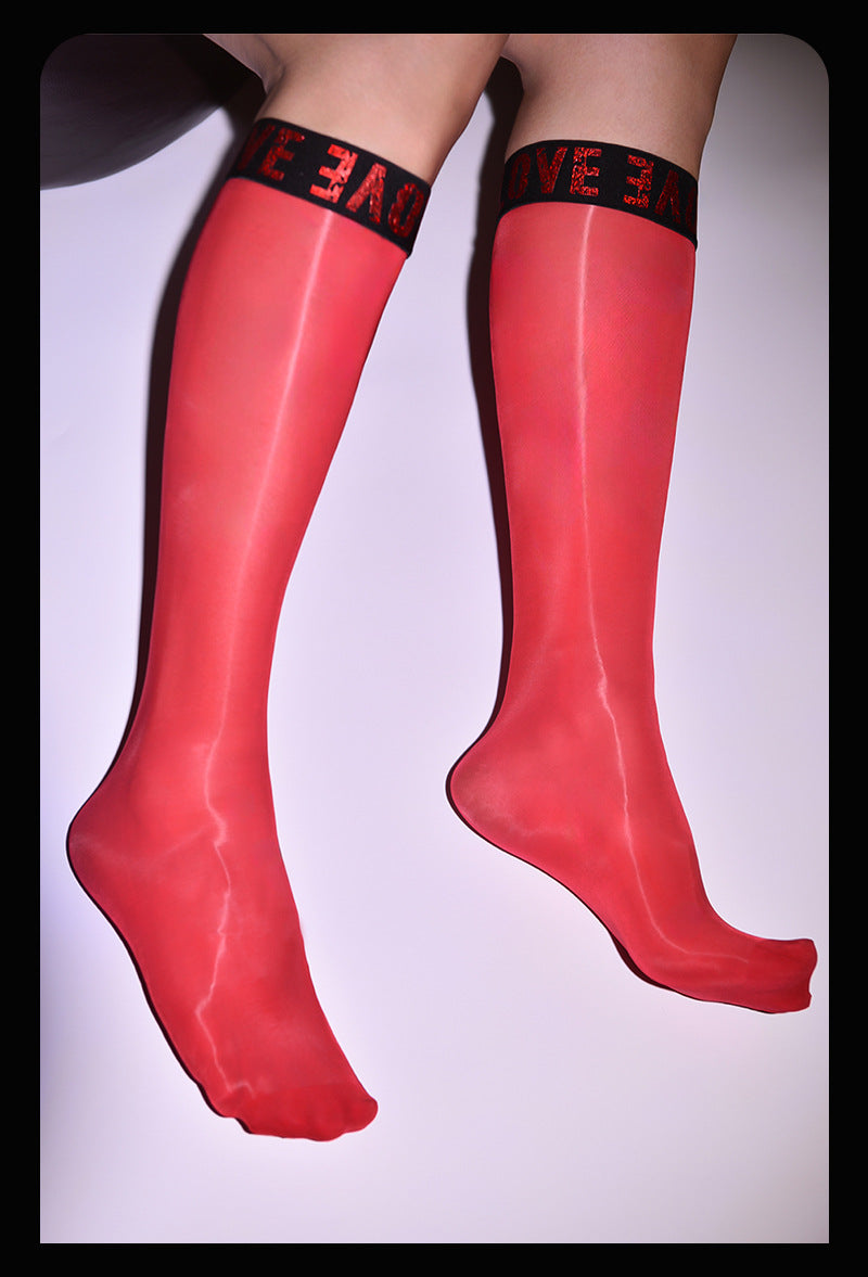 Little Red Matchmaker Men's Letter Breathable Formal Stockings Mirror Mid-Calf Socks Silky Glossy Black Silk Business Footless