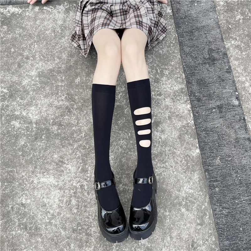 Asymmetric Ripped Socks for Women ins Trendy Internet Celebrity Street Style ins Trendy Mid-Calf Socks JK Black Stockings Calf Socks AB Socks