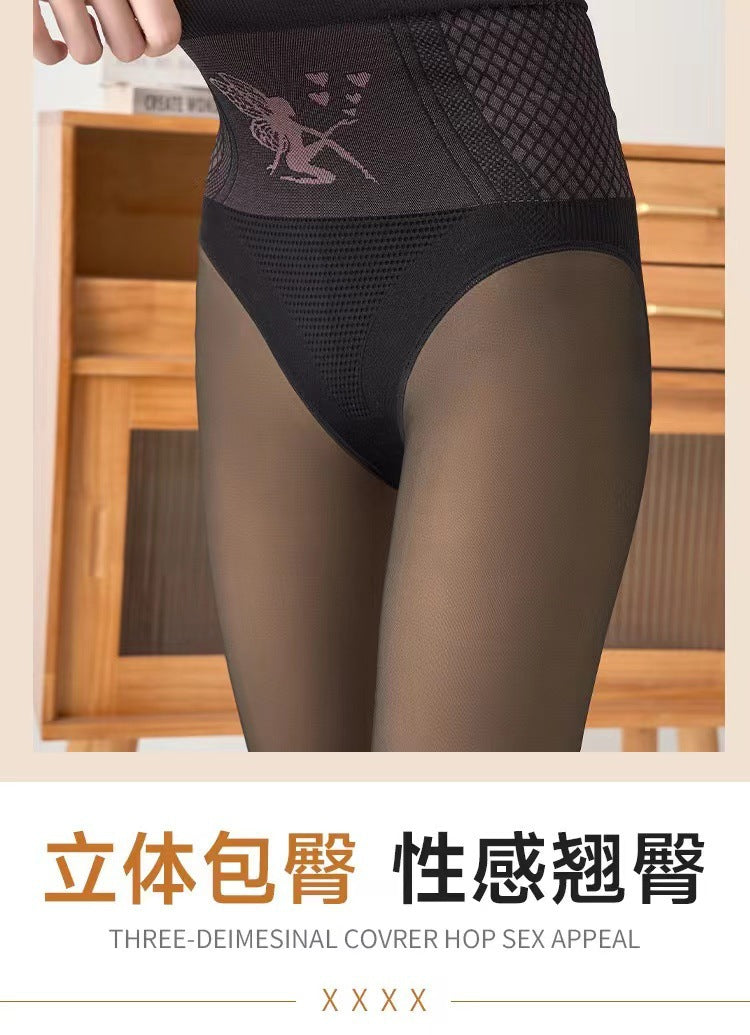 Autumn and Winter New Flower Fairy Black Silk Glossy High Waist Belly Contracting Butt-lifting Women's One-piece Fleece-lined Outerwear Leggings