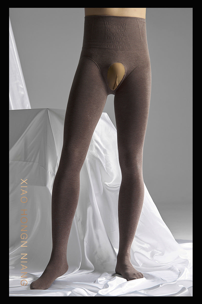 Autumn and Winter Men's Fleece-Lined Thermal Tights High Waist Tummy Control Vertical Opening Tight Sexy Thickened Stockings Leggings