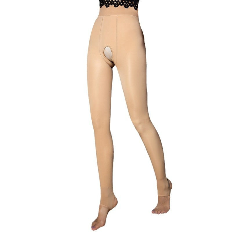 Flight Attendant Gray One-Piece Water Glossy Skin Crotchless Leggings for Women, Autumn and Winter Fleece-Lined Warm Pantyhose, Sexy No-Need-to-Take-Off Plus Size