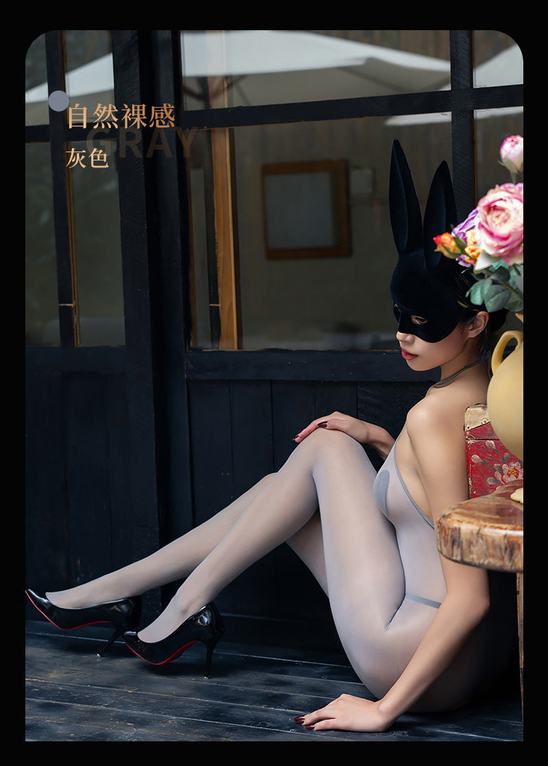 5D Glossy Stockings Bodysuit Sexy See-through Smooth Halter Neck Tie Shaping Bodysuit Open Crotch Temptation Lingerie