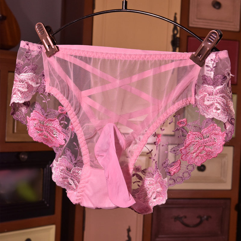 Men's Sexy Lace Embroidered Underwear Stockings Shorts Sexy jj Breathable Plus Size Triangle Briefs with Egg Covering and Airplane Pants