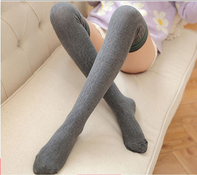 Academy Style Long Tube Socks Women's Two-Stripe Braided Pile Socks Japanese and Korean Striped Long Tube Over-the-Knee Socks
