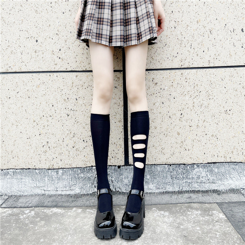 Asymmetric Ripped Socks for Women ins Trendy Internet Celebrity Street Style ins Trendy Mid-Calf Socks JK Black Stockings Calf Socks AB Socks