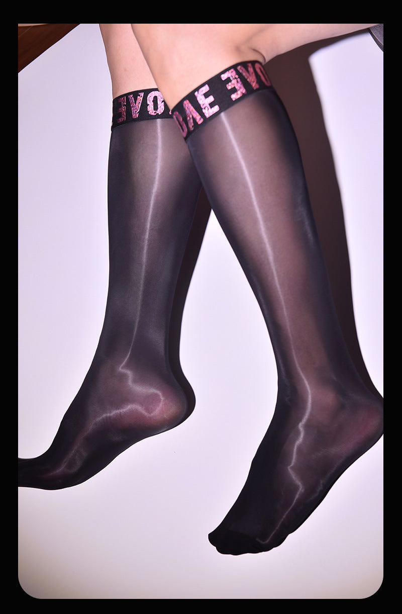 Little Red Matchmaker Men's Letter Breathable Formal Stockings Mirror Mid-Calf Socks Silky Glossy Black Silk Business Footless