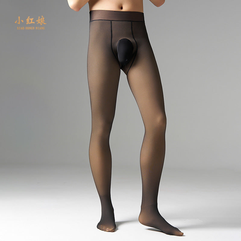 Autumn Winter Men Sexy Leggings Fake See Through Fleece Lined Warm Pantyhose Gray Skin Color One Piece Plus Size Bare Leg Artifact