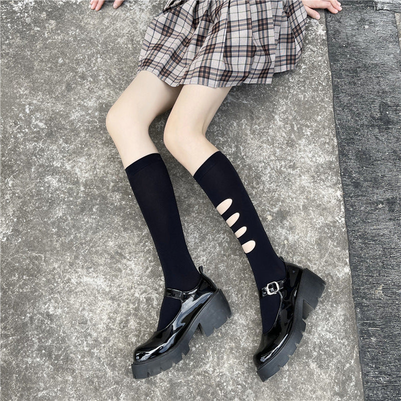 Asymmetric Ripped Socks for Women ins Trendy Internet Celebrity Street Style ins Trendy Mid-Calf Socks JK Black Stockings Calf Socks AB Socks