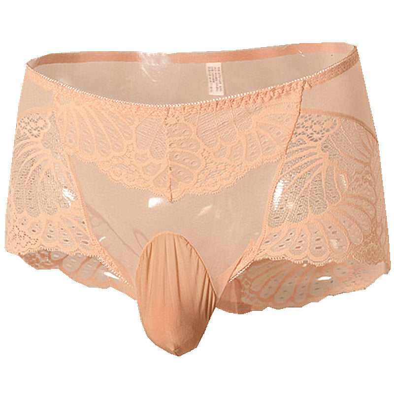 Men's Lace Thong Underwear Fully Transparent Delicate Sexy Fun Plus Size Lace Low Waist Triangle Breathable