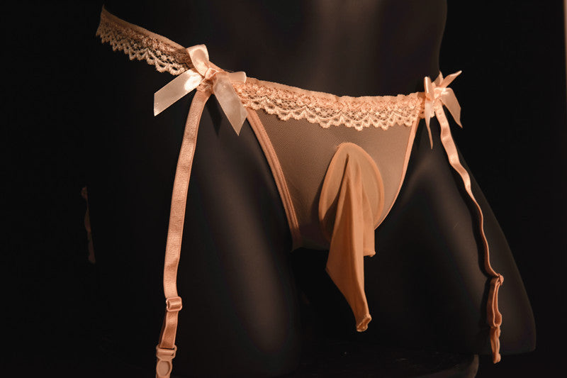 Plus Size Men's Underwear Triangle Suspender Shorts Long Tube Ultra-Thin Transparent Sexy Lace Belt jj Stockings and Thong Set