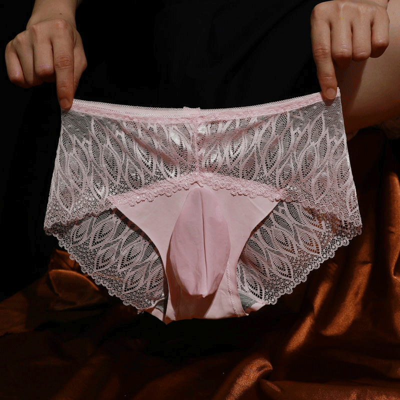 Men's Lace Underwear with Straps jj Set of Sexy Glossy Stockings and Panties Ultra-thin Breathable Summer Fully Transparent Triangle Panties