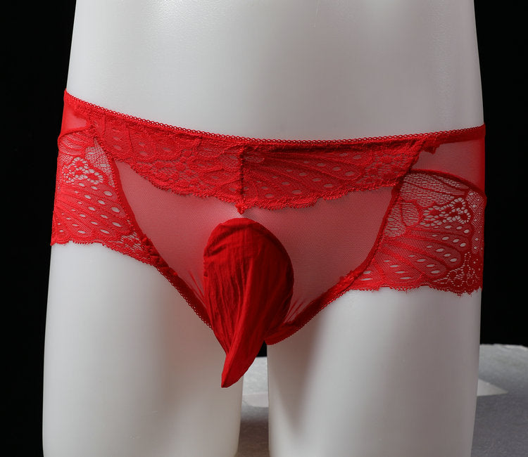 Plus Size Men's Lace Belt jj Set of Underwear Fully Transparent Delicate Sexy Lace Men's Low Waist Briefs