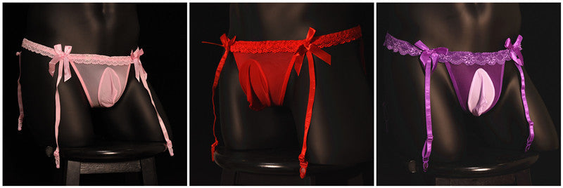 Plus Size Men's Underwear Triangle Suspender Shorts Long Tube Ultra-Thin Transparent Sexy Lace Belt jj Stockings and Thong Set