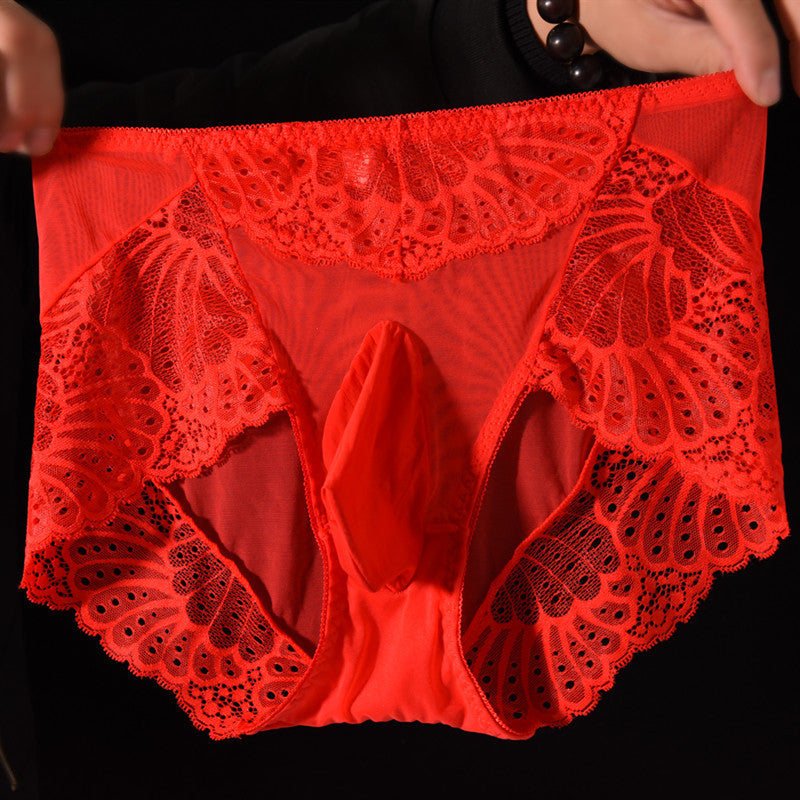 Men's Lace Thong Underwear Fully Transparent Delicate Sexy Fun Plus Size Lace Low Waist Triangle Breathable