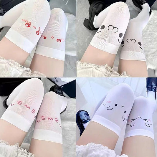 2D Character Expression Garter Stockings Thigh High Socks for Women with Cartoon Print JK Over-the-Knee Socks High Tube Long Socks White Long