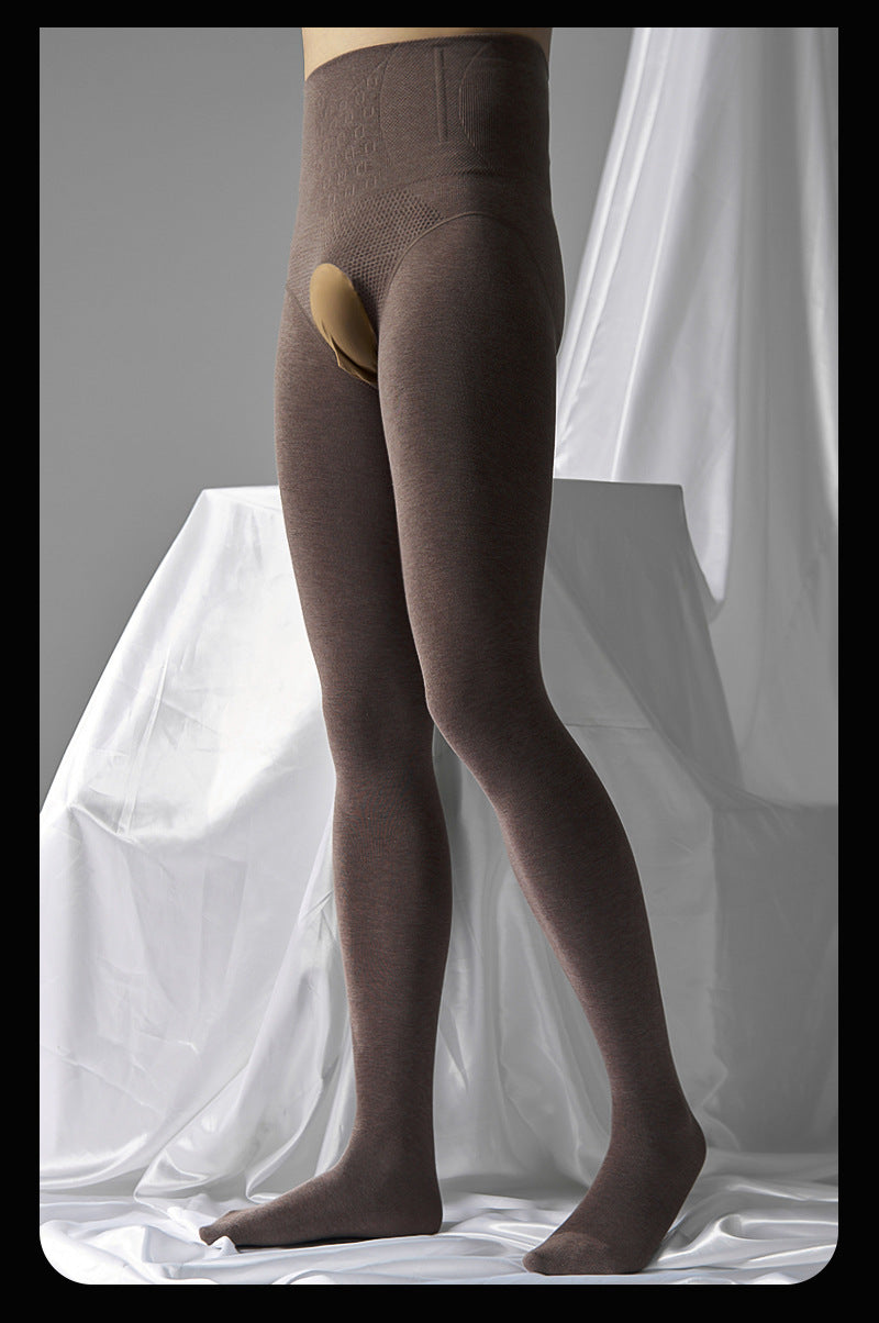 Autumn and Winter Men's Fleece-Lined Thermal Tights High Waist Tummy Control Vertical Opening Tight Sexy Thickened Stockings Leggings