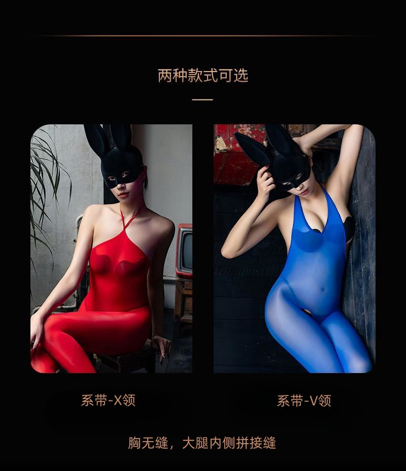 5D Glossy Stockings Bodysuit Sexy See-through Smooth Halter Neck Tie Shaping Bodysuit Open Crotch Temptation Lingerie