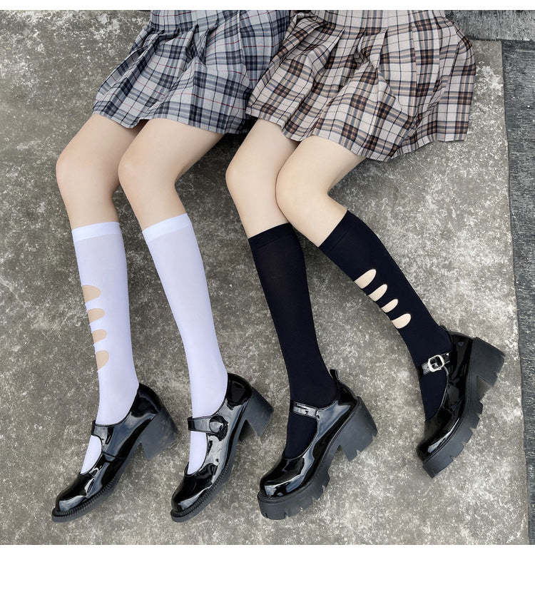 Asymmetric Ripped Socks for Women ins Trendy Internet Celebrity Street Style ins Trendy Mid-Calf Socks JK Black Stockings Calf Socks AB Socks