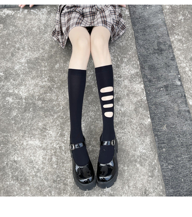 Asymmetric Ripped Socks for Women ins Trendy Internet Celebrity Street Style ins Trendy Mid-Calf Socks JK Black Stockings Calf Socks AB Socks