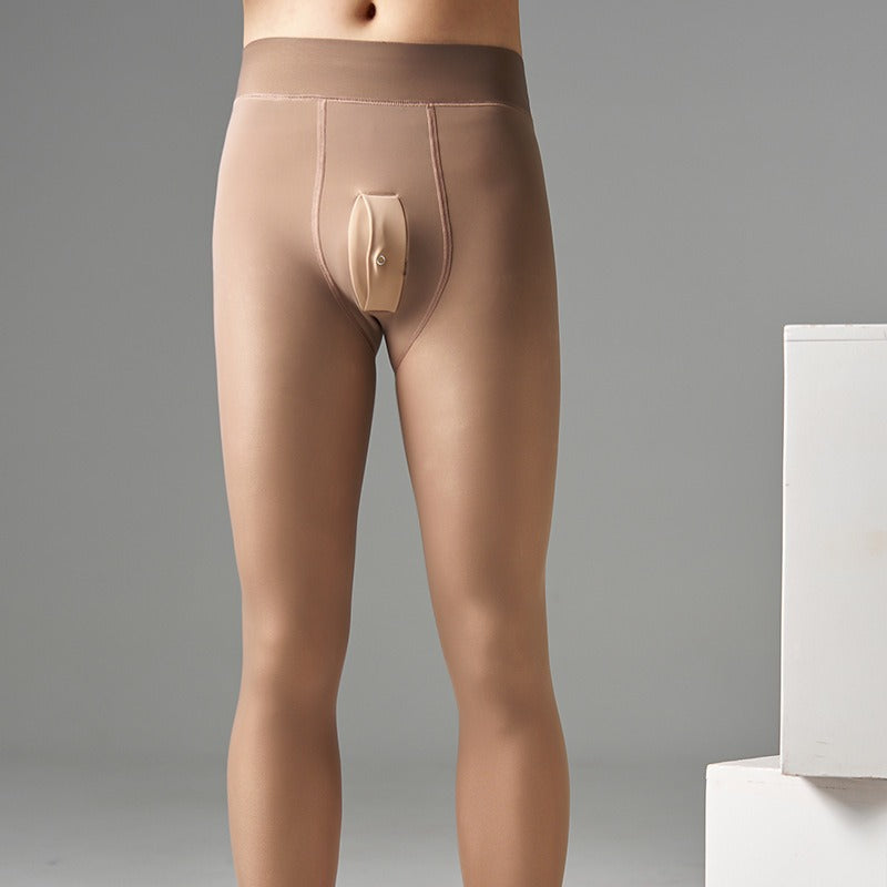 Autumn Winter Men Sexy Leggings Fake See Through Fleece Lined Warm Pantyhose Gray Skin Color One Piece Plus Size Bare Leg Artifact