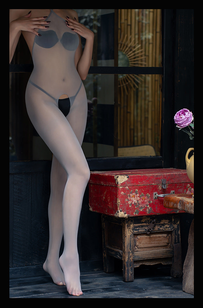 5D Glossy Stockings Bodysuit Sexy See-through Smooth Halter Neck Tie Shaping Bodysuit Open Crotch Temptation Lingerie