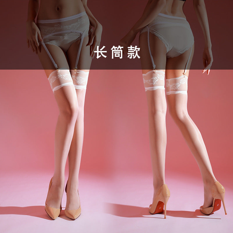 Aurora Glossy Black Silk Garter Stockings Women Sexy Over-the-Knee Long Tube Lace Stockings Pure Desire Lace One-Piece Garter Stockings