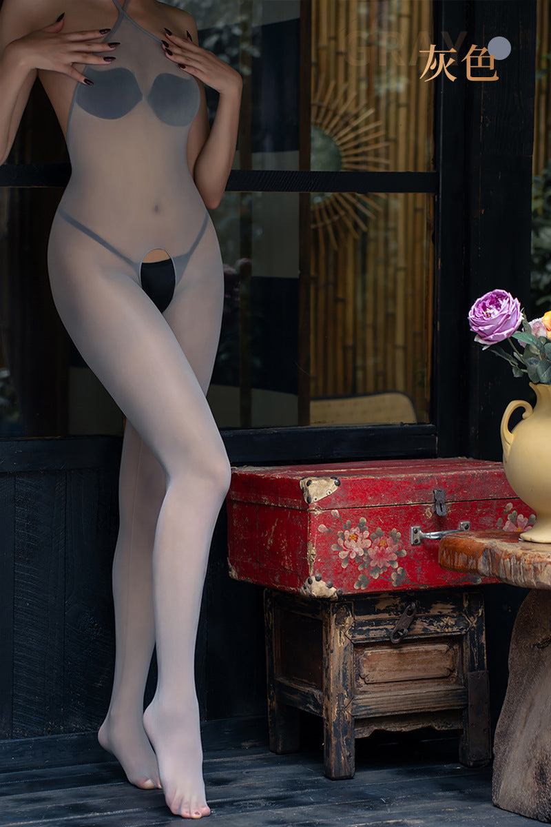 5D Glossy Stockings Bodysuit Sexy See-through Smooth Halter Neck Tie Shaping Bodysuit Open Crotch Temptation Lingerie