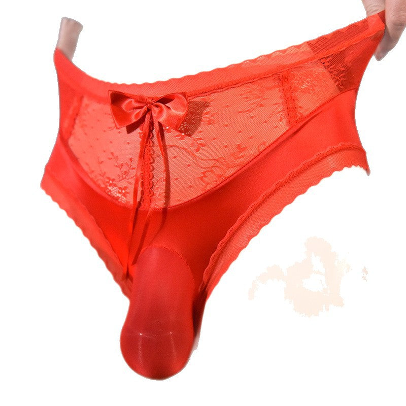 Little Matchmaker Sexy Lace jj Large Size Triangle Underwear Sexy High Waist Bowknot Underwear Silky Underwear for Men