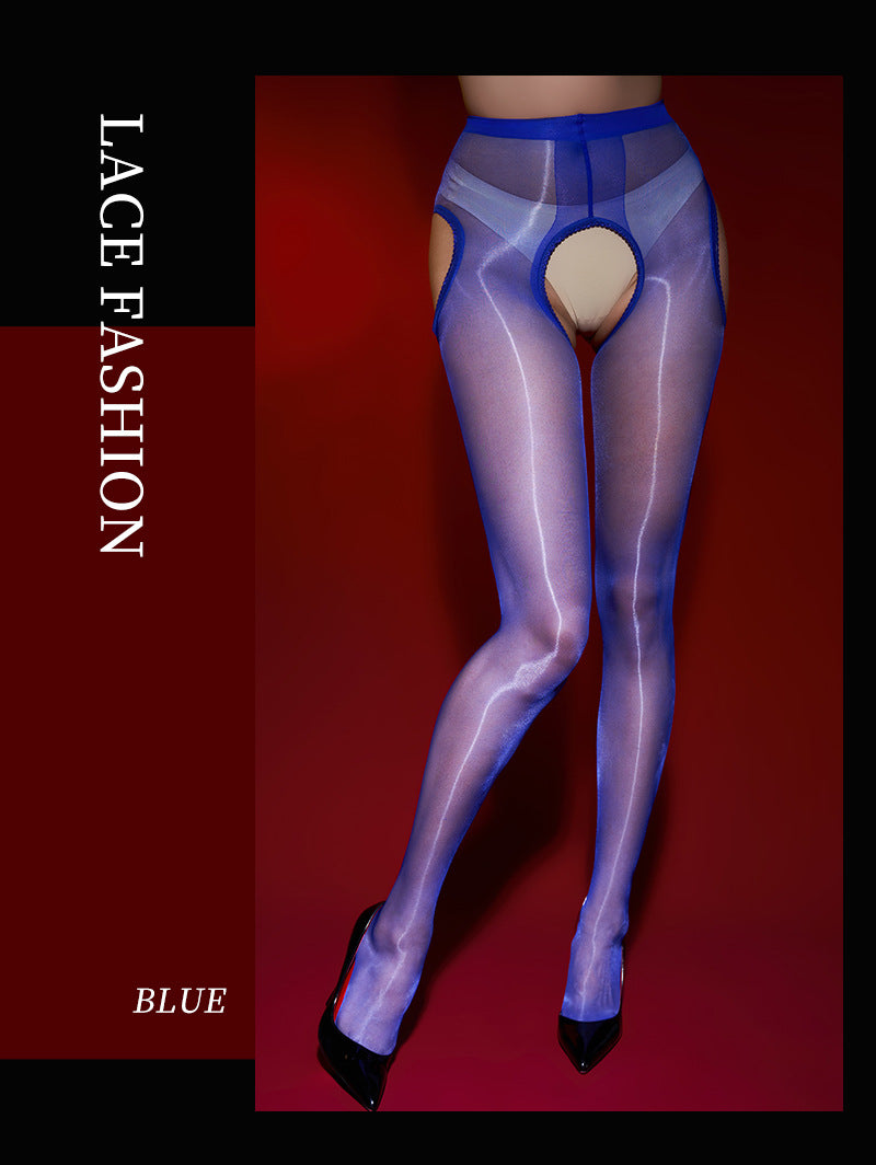 0D Sexy Aurora Stockings for Women, Glossy Ultra-Thin Transparent Four-Sided Crotch-Free Pantyhose, Sexy Black Hollow Stockings