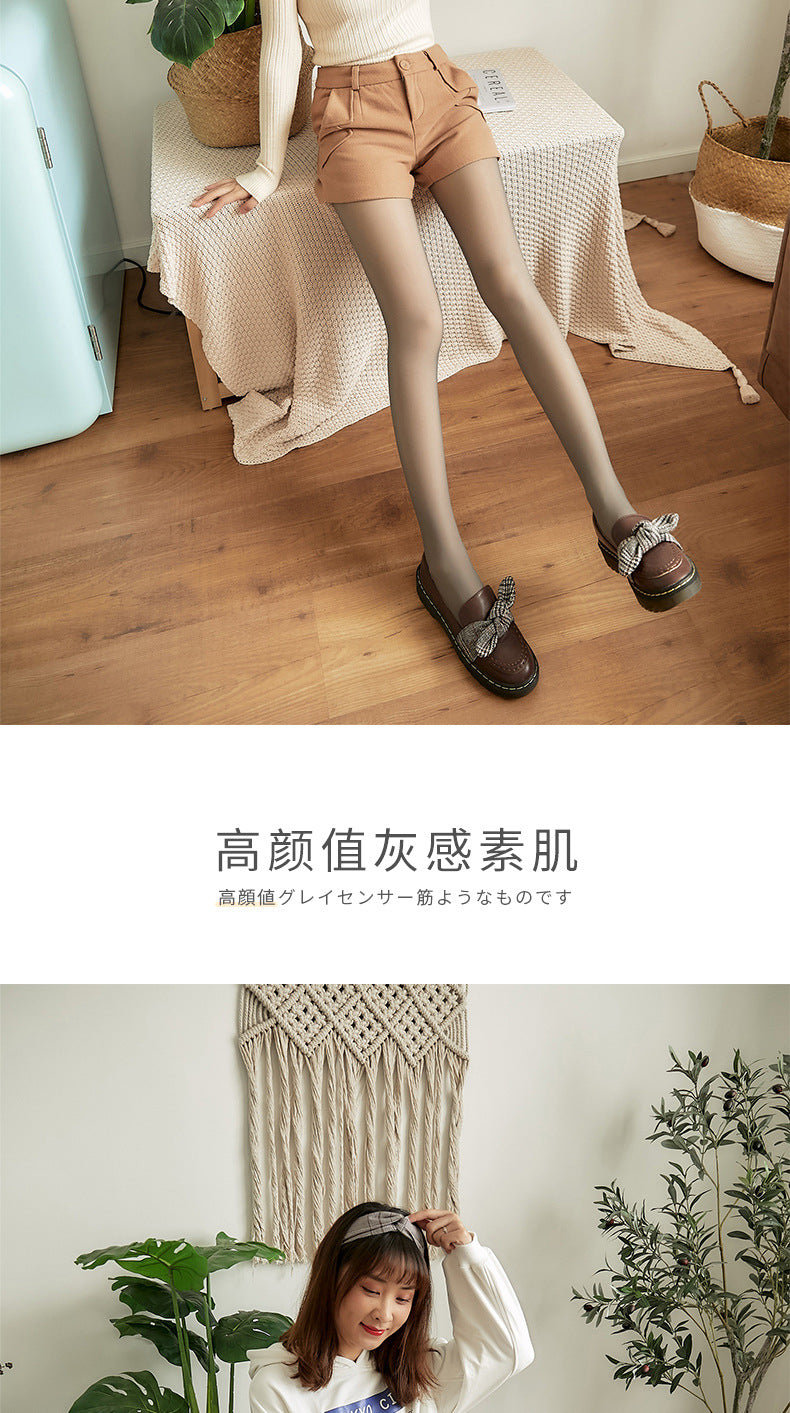 Autumn and Winter New Style Flight Attendant Gray Leggings Fake Sheer Fleece-Lined Thickened Women's High-Waisted One-Piece Pantyhose True Skin-Translucent Tights