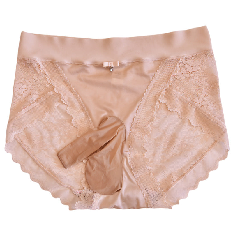 Silky Men's Sexy Lace Underwear Satin Soft Ultra-thin Lace Plus Size Pure Desire Sexy jj Briefs