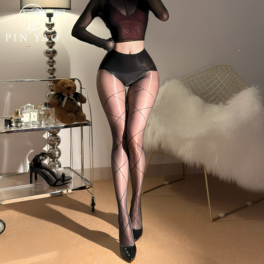 Aurora Glossy Ultra-Thin Cross Mesh Black Silk Sexy Glossy Seamless Stockings Transparent Pantyhose for Women Large Square Grid