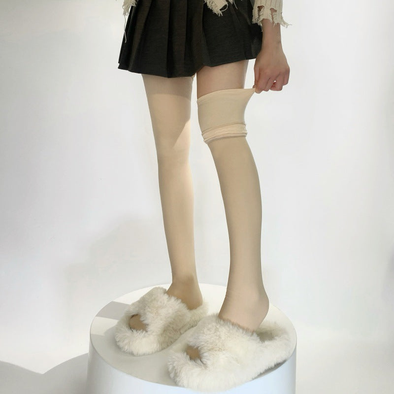 Autumn Winter Bare Skin Feel Leg Artifact Over-the-Knee Long Stockings Nude Skin Color Double Layer Warm Fleece High Tube Socks Half-Length Long Socks for Women