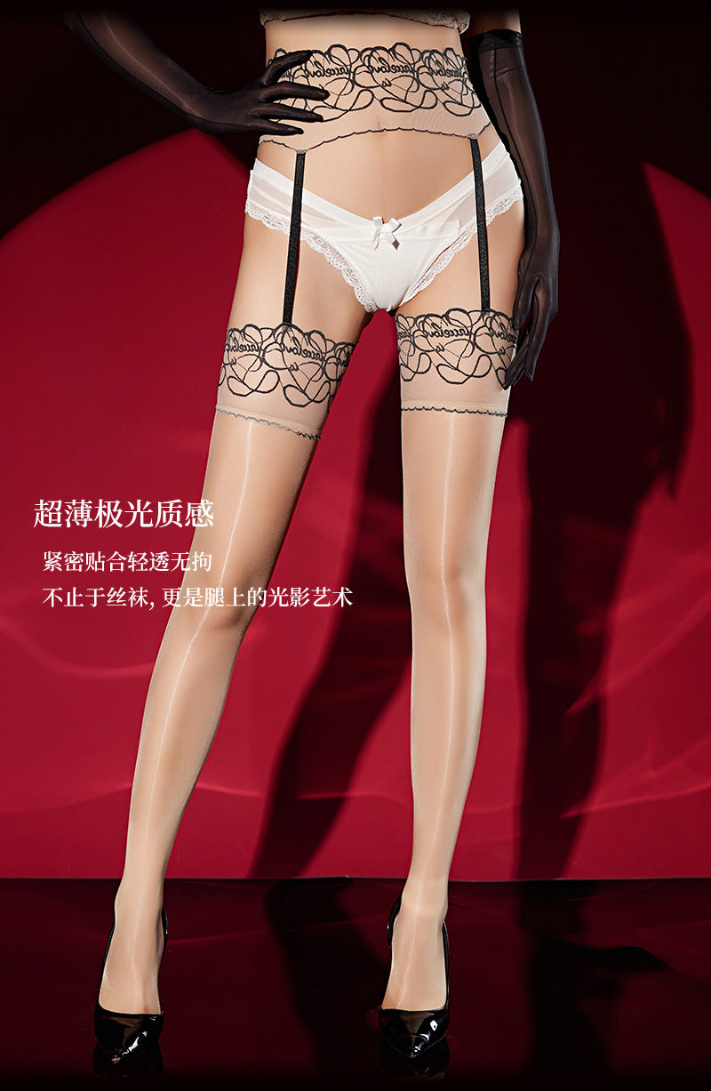 【Customized Processing】Sexy Two-tone Lace Waist One-piece Suspender Stockings Ultra-thin Aurora Oil Shiny Silky Suspender Stockings