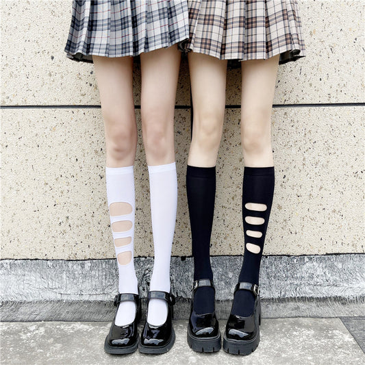 Asymmetric Ripped Socks for Women ins Trendy Internet Celebrity Street Style ins Trendy Mid-Calf Socks JK Black Stockings Calf Socks AB Socks