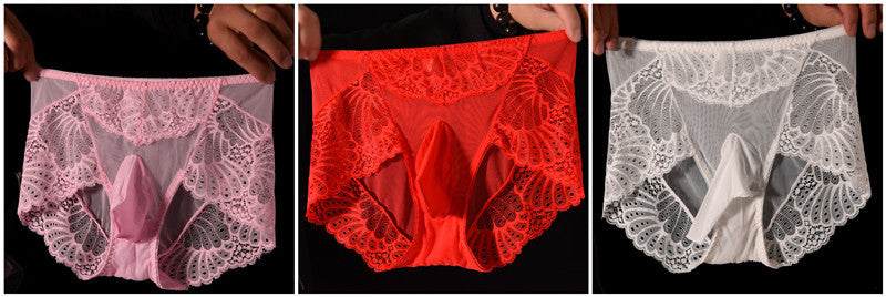 Men's Lace Thong Underwear Fully Transparent Delicate Sexy Fun Plus Size Lace Low Waist Triangle Breathable