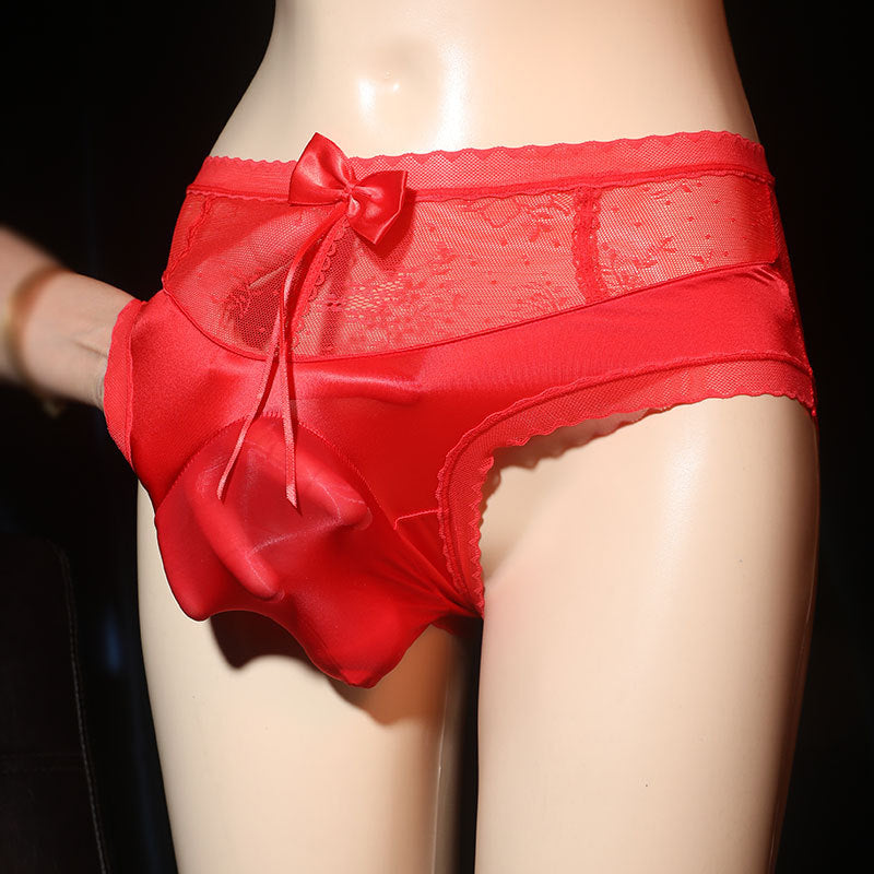 Sexy Men's Lace Briefs jj One-piece Large Size Sexy High Waist Bowknot Underwear Silky Underwear for Men