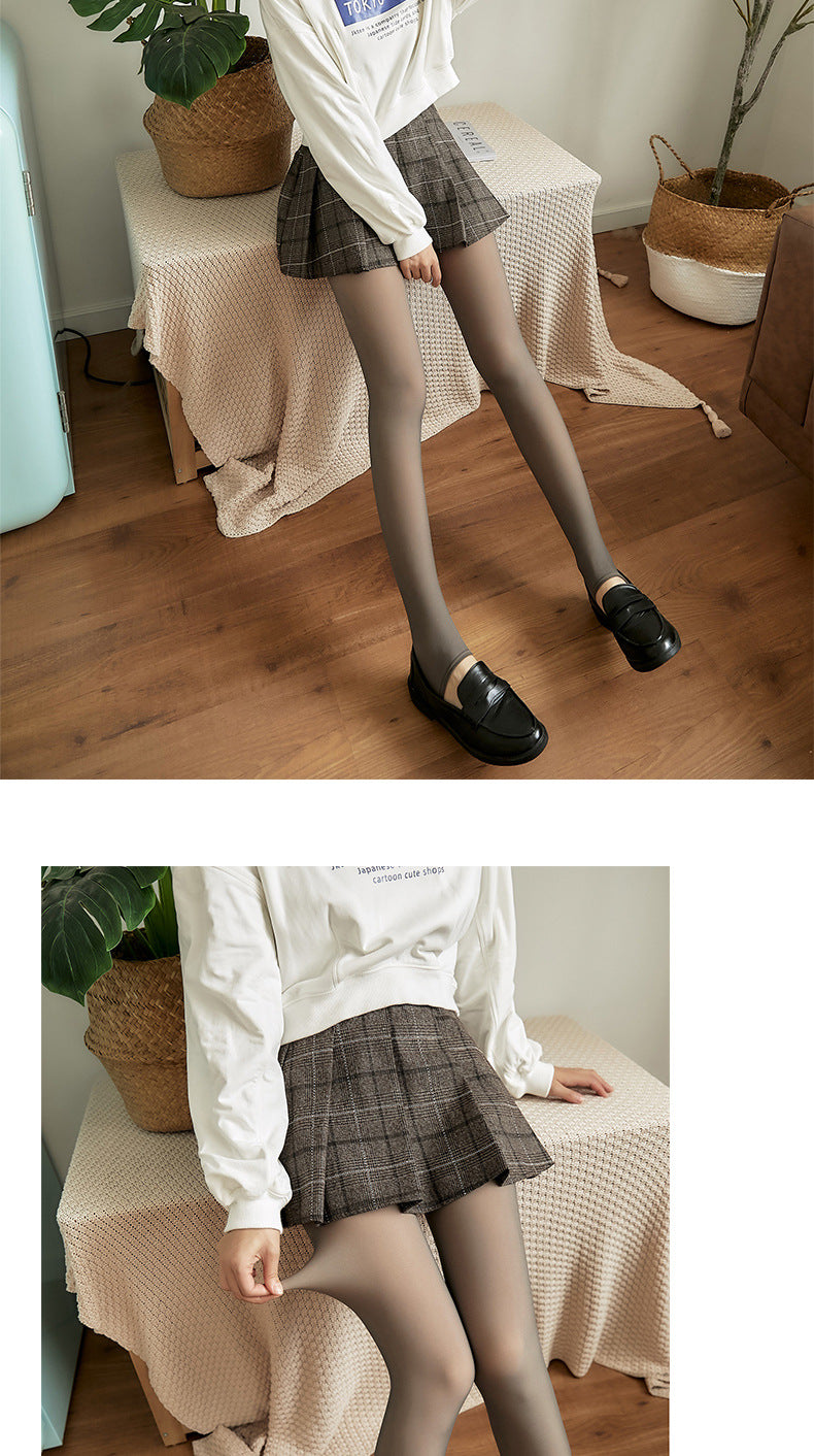 Autumn and Winter New Style Flight Attendant Gray Leggings Fake Sheer Fleece-Lined Thickened Women's High-Waisted One-Piece Pantyhose True Skin-Translucent Tights