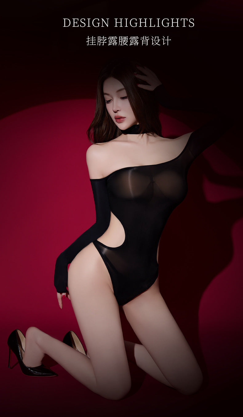 Qing He L1105A「Desire for Prey」Off-Shoulder Glossy One-Piece Swimsuit Ultra-Thin Shiny Smooth Underwear for Women Black Silk