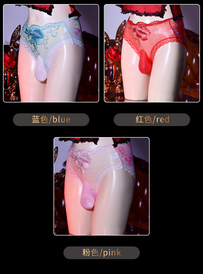 Transparent Men's Silk Smooth Underwear jj Sexy lace-trimmed no-removal triangle panties quick-dry seamless peony flower shorts