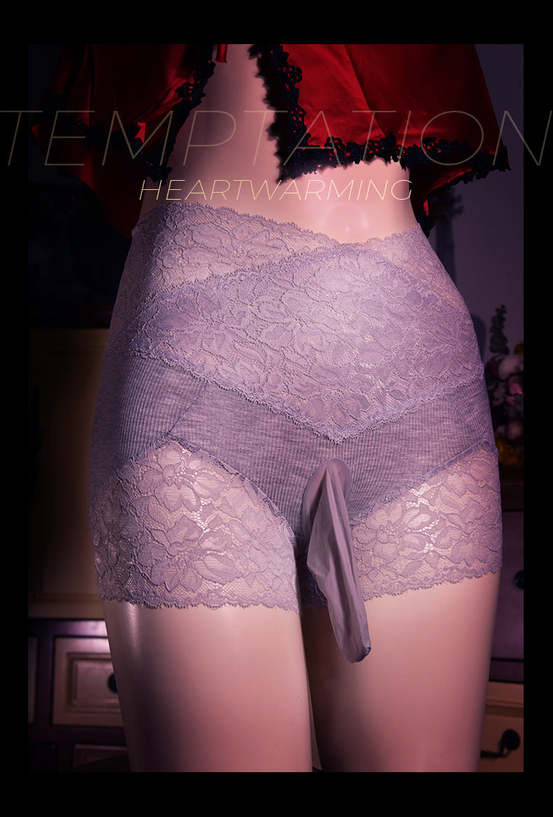 Japanese Style jj Men's Sexy Panties with Stockings, Ultra-thin Soft Mesh Lace Boxer Briefs, Airplane Socks Underwear