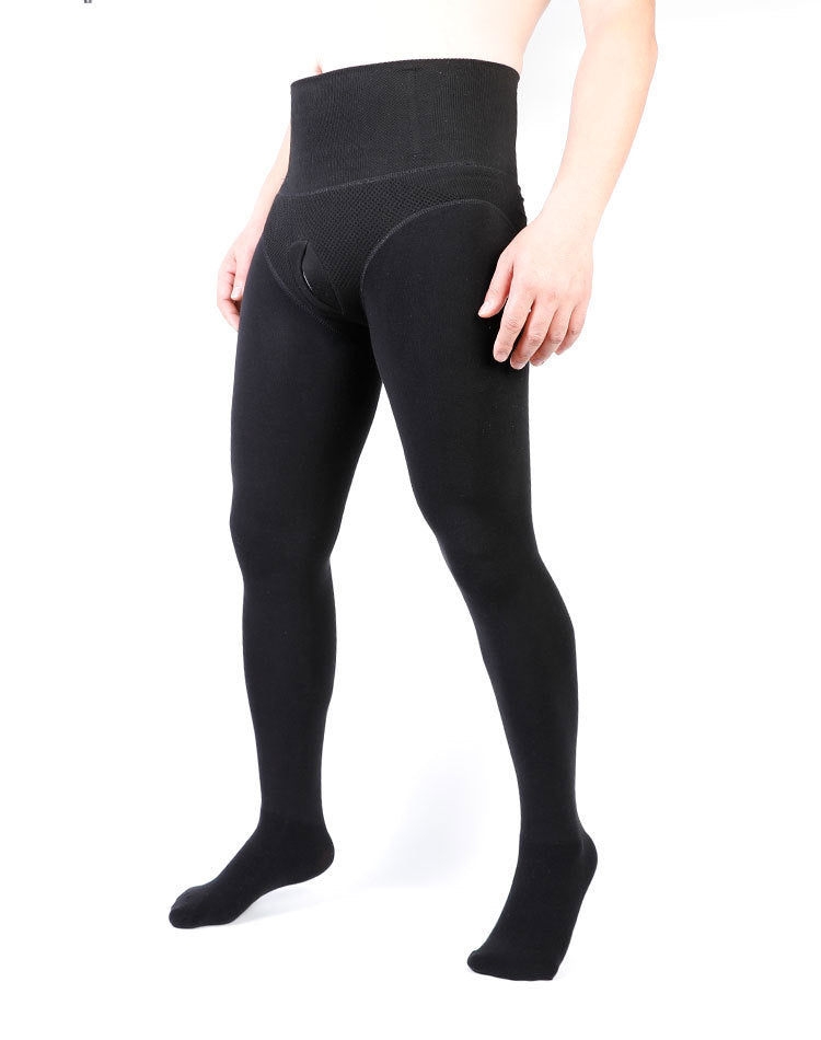 Autumn and Winter Men's Fleece-Lined Thickened Thermal Tights High-Waisted Tummy Control Slim Fit Vertical Opening Pantyhose
