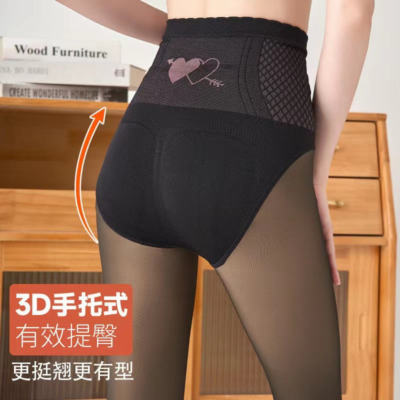 Autumn and Winter New Flower Fairy Black Silk Glossy High Waist Belly Contracting Butt-lifting Women's One-piece Fleece-lined Outerwear Leggings