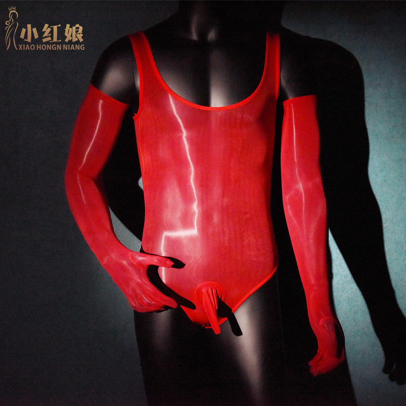 Men's Sexy Stockings Swimsuit Shiny One-piece Suit with jj Set of Fun912Ultra-thin Needle Airplane Socks Tempting Foot Fetish