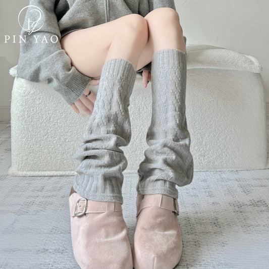Autumn Winter Oatmeal Retro Slouch Socks Knitted Thickened Warm Gray Coffee Color Mid-Calf Socks for Women