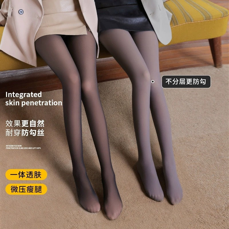 Autumn Winter New Style Flight Attendant Gray Leggings Fleece Lined Thickened One-piece Sheer Fake Flesh Plus Size Pantyhose Skin Color