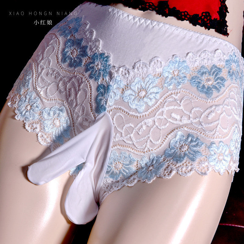 Little Matchmaker Sexy Lace Underwear for Men Pure Desire Boys Mid-Waist Open Crotch Pouch Separate Large Size Couple Stockings Underwear