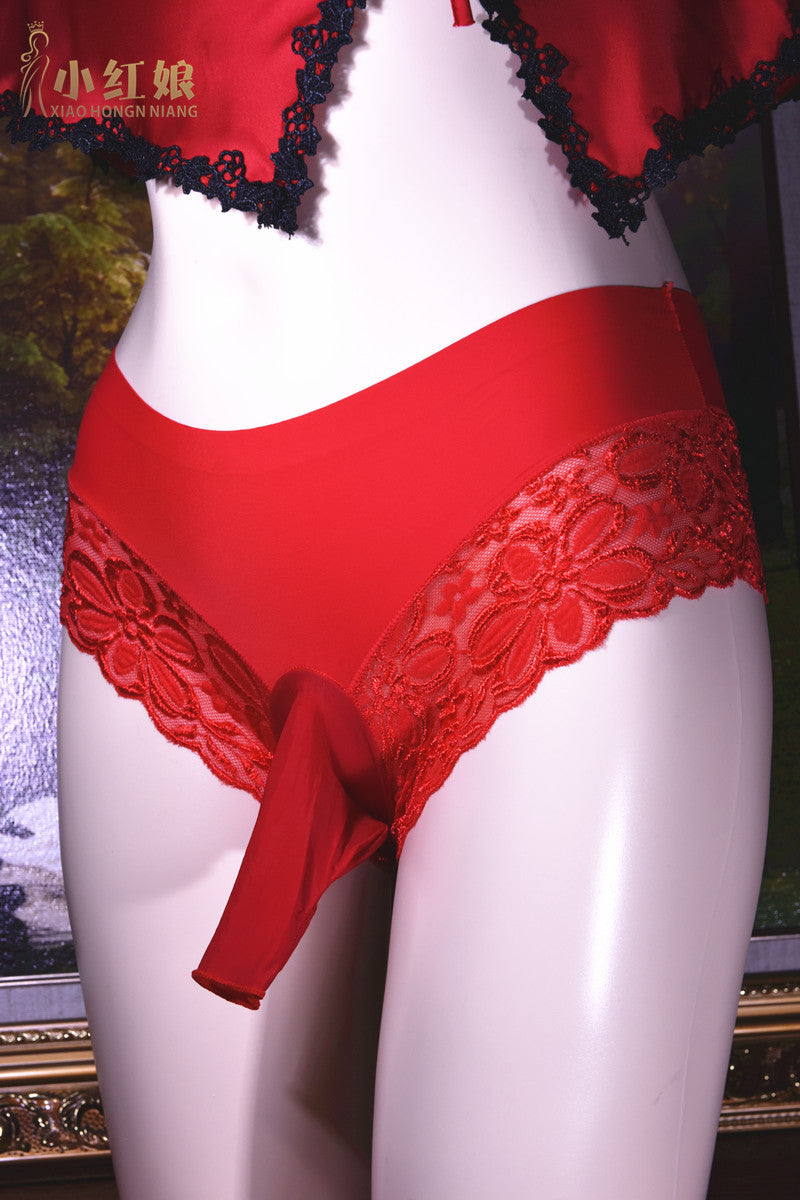 Little Matchmaker Lace One-Piece Ice Silk Underwear for Men with Sheath Sexy Hip-Lifting One-Piece Thong Low-Waist Triangle Underwear